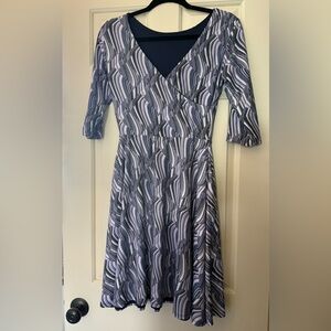 Betabrand Reversible Navy Blue and Purple Print Patterned Dress with pockets